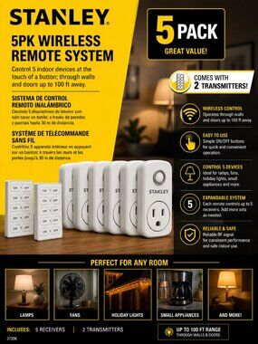 STANLEY Wireless Remote Control Outlet Plugs with 2 remotes and 5 sockets Indoor